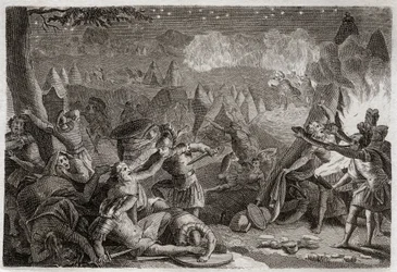 Bibel von Royaumont, Altes Testament: Niederlage der Midianiter durch den Klang der Trompeten und das Licht der Lampen. Illustration von 1811.