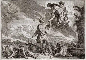 Bibel von Royaumont, Altes Testament: Die Niederlage der Philister. Samson tötet tausend Philister mit einem Eselskinnbacken. Gott lässt Wasser aus dem Kinnbacken fließen, damit Samson seinen Durst stillen kann. Illustration von 1811.