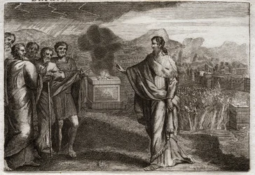 Bibel von Royaumont, Altes Testament: Niederlage der Philister. Samuel opfert Gott ein Brandopfer. Dann verteidigen die Juden die Philister. Illustration von 1811.