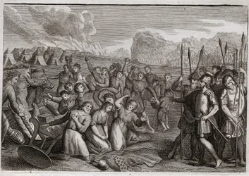 Royaumont-Bibel, Altes Testament: Zerstörung von Ai. Josua greift nach der Zerstörung von Jericho die Stadt Ai an, wo er zunächst wegen des Verbrechens von Akan zurückgeschlagen wird, aber nach der Bestrafung von Akan nimmt er die Stadt ein. Illustration v