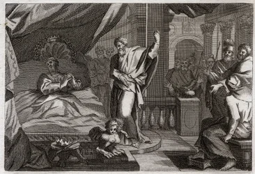 Bibel von Royaumont, Altes Testament: Ezechias erhält Gesundheit. König Ezechias war todkrank, erhielt Gesundheit und weitere fünfzehn Jahre Leben. Der Prophet Jesaja kündigt seinen Krieg an: das Zeichen wird sein, den Schatten der Uhr um zehn Grad zurückz