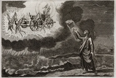 Bibel von Royaumont, Altes Testament: Der Prophet Ezechiel. Der heilige Prophet hatte eine Vision, in der ihm der Herr auf einem von vier Cherubim (Tetramorph) getragenen Wagen erschien. Illustration von 1811.