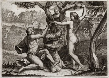 Bibel von Royaumont, Altes Testament: Der Sündenfall. Der Dämon in Gestalt einer Schlange spricht zu Eva und verführt sie, die verbotene Frucht zu essen: Eva fällt und verführt auch Adam. Illustration von 1811.