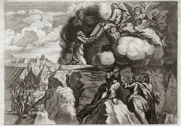 Royaumont-Bibel, Altes Testament: Erste Gesetzestafeln. Gott gibt seinem Volk das Gesetz auf dem Berg Sinai. Moses erhält die 10 Gebote aus den Händen Gottes. Illustration von 1811.