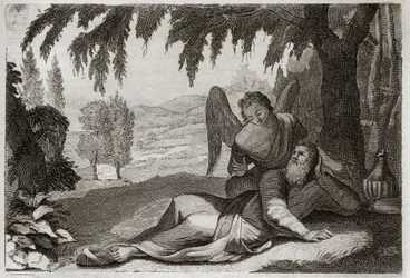 Royaumont-Bibel, Altes Testament: Flucht des Elia. Elia flieht vor dem Zorn Isebels, die sich für den Tod ihrer falschen Propheten rächen wollte, und wird in der Wüste von einem Engel unterstützt, der ihm Nahrung bringt. Illustration von 1811.