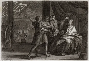 Bibel von Royaumont, Altes Testament: Freunde von Hiob. Hiob wird von drei Fürsten, seinen Freunden, besucht, die ihm statt Trost nur Kummer bringen. Illustration von 1811.