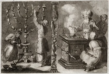 Royaumont-Bibel, Altes Testament: Goldener Leuchter mit sieben Armen (Menora) im Tabernakel. Illustration von 1811.