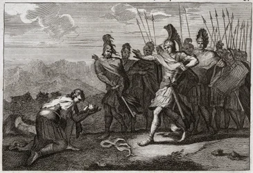 Bibel von Royaumont, Altes Testament: Kopf von Saul. Die Philister freuen sich über Sauls Tod und bieten seinen Kopf ihrem Götzen an. David bedauert den Tod und geht nach Judäa, wo er in Hebron als König anerkannt wird. Illustration von 1811.