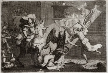 Bibel von Royaumont, Altes Testament: Heliodor wird aus dem Tempel vertrieben. Heliodor (Heliodoros), der von seinem Herrscher geschickt wurde, um den Tempel von Jerusalem zu plündern, wurde von Engeln mit Ruten geschlagen. Illustration von 1811.