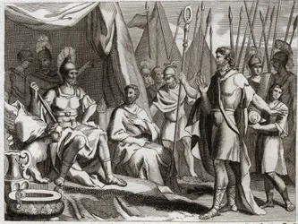 Bibel von Royaumont, Altes Testament: Holofernes. General der Armee von Nebukadnezar II., Holofernes nähert sich Judäa. Ahior, König der Ammoniter, der ihm entgegenkam, erhebt vor Holofernes die Macht des Gottes der Juden. Illustration von 1811.