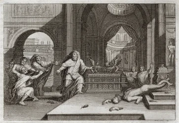 Royaumont-Bibel, Altes Testament: Idol von Dagon. Und als die Philister die Bundeslade in den Tempel neben Dagon, ihren Gott, stellten, brachte sie ihr Idol zu Fall und schlug sie alle mit einer sehr schweren Plage, die sie zwang, sie wegzuschicken. Illus