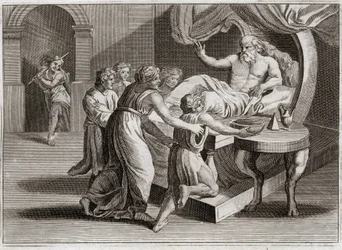 Bibel von Royaumont, Altes Testament: Isaak segnet Jakob. Isaak, der Esau segnen wollte, gibt seinen Segen durch die Weisheit Rebekkas an Jakob, dem er nach dem Plan Gottes gehörte. Illustration von 1811.