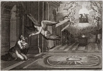 Bibel von Royaumont, Altes Testament: Jesaja der Prophet. Ein Seraphin nahm mit seiner Zange eine glühende Kohle vom Altar und berührte die Lippen dieses heiligen Propheten, um ihn von allen seinen Flecken zu reinigen. Illustration von 1811.