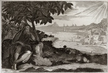 Bibel von Royaumont, Altes Testament: Efeu verdorrt. Gott zeigt seinem Propheten Jonas anhand eines anschaulichen Beispiels, wie sehr er die Menschen liebt und wie viel Schmerz er empfindet, wenn er sie bestrafen muss. Illustration von 1811.