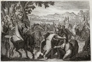 Bibel von Royaumont, Altes Testament: Jakob geht nach Ägypten. Jakob geht mit seiner ganzen Familie, um Josef zu finden. Illustration von 1811.