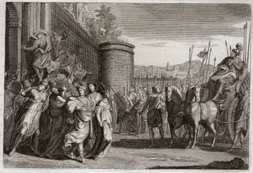 Bibel von Royaumont, Altes Testament: Jephta opfert seine Tochter. Jephta, einer der Richter Israels, gelobte, Gott die erste Person zu opfern, die ihm nach seinem Sieg gegen die Ammoniter begegnen würde. Es war seine Tochter. Illustration von 1811.