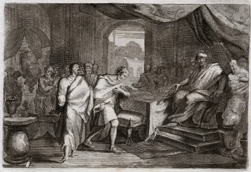 Bibel von Royaumont, Altes Testament: Joachim befreit aus den Ketten. Evilmerodach, König von Babylon, behandelt Joachim, den ehemaligen König von Juda, nach dem Tod von Nebukadnezar II. gut und befreit ihn aus den Ketten. Illustration von 1811.