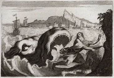 Royaumont-Bibel, Altes Testament: Jona im Wal. Der Prophet Jona lebt in einem Wal und kommt lebend heraus. Illustration von 1811.