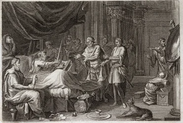 Royaumont-Bibel, Altes Testament: Judas Makkabäus. Judas Makkabäus folgte seinem Vater Matathias in der Führung der Armee und unterstützte das gesamte jüdische Volk gegen die Unterdrückung der Seleukiden. Illustration von 1811