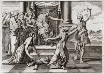 Bibel von Royaumont, Altes Testament: Urteil Salomos. Salomos berühmtes Urteil zwischen zwei Frauen, um zu erkennen, welche der beiden die Mutter eines Kindes ist, das beide als ihr eigenes beanspruchen. Illustration von 1811.