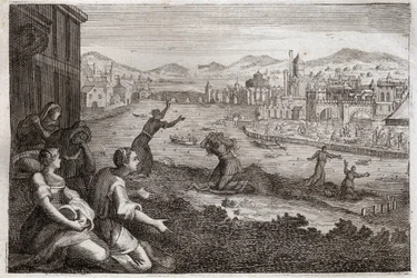 Bibel von Royaumont, Altes Testament: Hebammen von Ägypten. Der Pharao lässt die männlichen Kinder der Israeliten in den Nil werfen. Illustration von 1811.