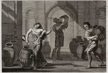 Bibel von Royaumont, Altes Testament: Wunder von Elise. Eine von ihren Gläubigern gequälte Witwe nutzt Elises Wohltätigkeit, dieser Prophet befiehlt ihr, viele Gefäße von ihren Nachbarn zu leihen, die sie mit Öl füllt, das sie noch übrig hatte. Illustratio