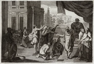 Bibel von Royaumont, Altes Testament: Mose vor dem Pharao. Mose bittet den Pharao, die Hebräer in die Wüste ziehen zu lassen, um dem Herrn zu opfern. Illustration von 1811.