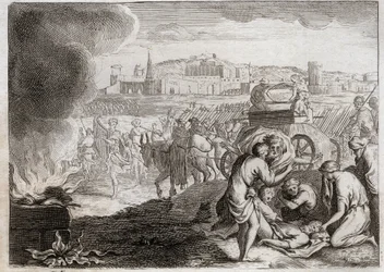 Royaumont-Bibel, Altes Testament: Oza wird von Gott geschlagen. David will die Bundeslade nach Hause bringen. Oza starb, als er seine Hand darauf legte, um sie vor dem Fallen zu bewahren. Illustration von 1811