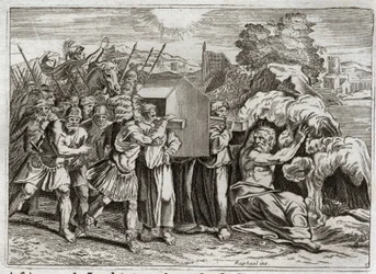 Royaumont-Bibel, Altes Testament: Durchquerung des Jordan. Josua bringt den Jordan zum gesamten Volk. Dieser Fluss trocknet aus, und die Priester, die die Bundeslade trugen, kamen hinein; und die Wasser stiegen auf und blieben wie ein Berg hängen. I