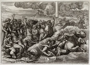 Bibel von Royaumont, Altes Testament: Der Pharao versinkt im Roten Meer. Der Durchzug durch das Rote Meer durch Moses und die Hebräer, wobei die Armee des Pharaos ertrinkt. Illustration von 1811.