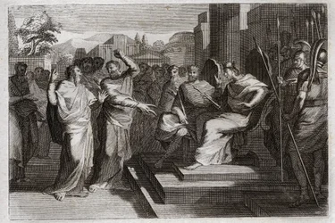 Royaumont-Bibel, Altes Testament: Frömmigkeit von Josaphat. Josaphat, der frommste König von Juda, lässt alle Fürsten um ihn herum erzittern und zeigt auf verschiedene Weise seine Frömmigkeit gegenüber Gott, was ihn siegreich über seine Feinde machte. Illu