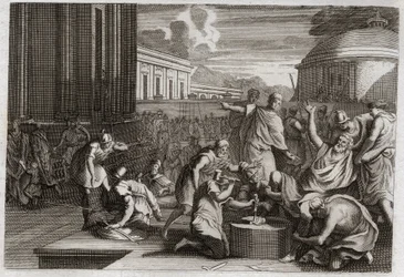Bibel von Royaumont, Altes Testament: Bestrafung von Adonibesec. Josuas Tod. König Adonibesec (Adonibesech, Adoni Bezek, Adoni-Bezek) wurde von den Juden besiegt und ihm wurden die Enden seiner Füße und Hände abgeschnitten, wie er es bei siebzig Königen ge