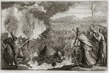 Royaumont-Bibel, Altes Testament: Bestrafung durch himmlisches Feuer. Korach (Kore), Dathan (Datan, Nathan) und Abiram (Abriron), die gegen Mose murren und die Herrschaft beanspruchen, werden alle lebendig zerstört, und die Erde öffnet sich, um sie zu vers