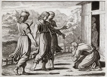 Royaumont-Bibel, Altes Testament: Sara empfängt Isaak. Abraham empfängt drei Engel, die Sara (Sarah) versprechen, dass sie in einem Jahr einen Sohn haben wird. Illustration von 1811.