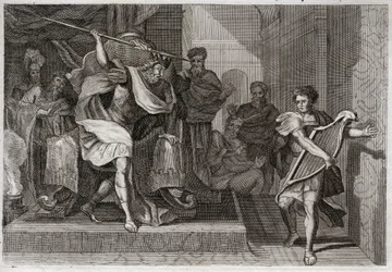 Royaumont-Bibel, Altes Testament: Saul will David töten. Saul, voller Zorn und Neid gegen David, will ihn mit seinem Speer durchbohren, als er vor ihm die Harfe spielte. Illustration von 1811.