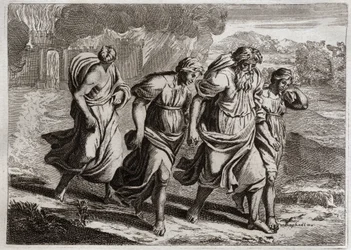 Royaumont-Bibel, Altes Testament: Sodom verbrannt. Gott erzürnt über die abscheulichen Verbrechen von Sodom, verbrennt es mit den anderen benachbarten Städten mit einem Regen aus Feuer und Schwefel, den er vom Himmel herabregnen lässt (Loth, seine Töchter 