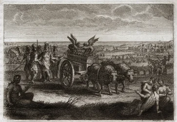 Bibel von Royaumont, Altes Testament: Die Rückkehr der Bundeslade. Die Philister senden die Bundeslade nach Judäa zurück, um die Übel zu vermeiden, die sie ihnen täglich verursachte. Illustration von 1811.