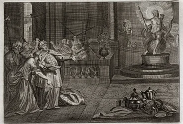 Bibel von Royaumont, Altes Testament: Das Idol von Bel. Daniel zerstörte das Idol von Bel und tötete einen Drachen, den die Babylonier verehrten. Illustration von 1811.