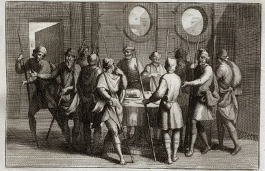 Bibel von Royaumont, Altes Testament: Das Osterlamm. Gott befahl den Juden, das Osterlamm zu essen, und tötete für die zehnte Plage jeden Erstgeborenen. Illustration von 1811.