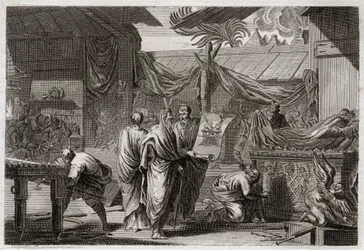 Bibel von Royaumont, Altes Testament: Das Tabernakel. Moses errichtet das Tabernakel nach dem Befehl, den er von Gott erhalten hatte. Illustration von 1811.