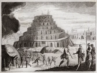 Bibel von Royaumont, Altes Testament: Turm von Babel. Männer wollen aus Eitelkeit einen Turm zum Himmel bauen. Gott verhindert dieses Werk, indem er ihre Sprachen verwirrt, sodass sie einander nicht mehr verstehen. Illustration von 1811.