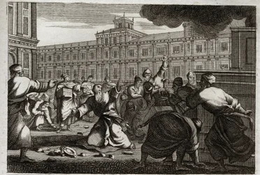 Bibel von Royaumont, Altes Testament: Zacharias wird gesteinigt. Zacharias, der Hohepriester, wird auf Befehl von Joasch (Joas), König von Juda, gesteinigt, weil er sich seinen Befehlen widersetzte. Illustration von 1811.