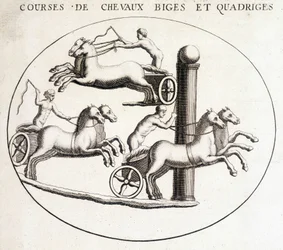 Biges und Quadrigen Pferderennen. Gravur des 19. Jahrhunderts