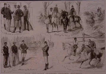 Schwarze Fährtenleser auf der Spur von Buschbanditen in Victoria, Australien, im Jahr 1881