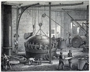 Kessel zur Vulkanisierung von Gummi durch Nassdampf - in „Die Wunder der Industrie“ von Louis Figuier