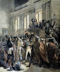 Bonaparte beim Staatsstreich des 18. Brumaire in der Kammer des Rates der Fünfhundert (Salle des 500) von Saint Cloud - in „Le Petite Journal“, 03.1893