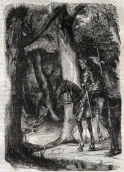 Bradamante sieht Pinabel - Gravur von 1851 aus „Roland furieux“ (Orlando furioso) (16. Jahrhundert) von Ludovico Ariosto, bekannt als der Ariosta - Ausgabe übersetzt aus dem Italienischen von Graf von Tressan und veröffentlicht von Gustave Harvard 1851