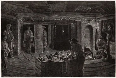 Frühstück in der Mine, Verteilung und Verzehr von Korbmahlzeiten an Bergleute in den Kohlebergwerksgalerien von Creusot. Illustration einer Reise nach Creusot und den Minen von Saone und Loire, 1865, von L. Simonin, in 