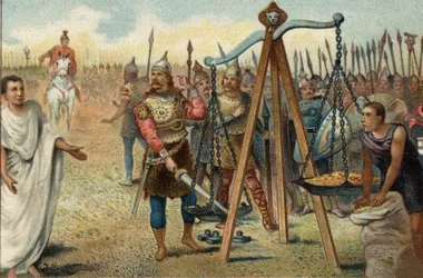 Brennus legt sein Schwert in die Waagschale, 390 v. Chr.: Plünderung Roms durch die Gallier unter Führung ihres Häuptlings Brennus (Brennos). Angesichts des Widerstands der Römer erklärte sich Brennus bereit, mit dem römischen Militärtribunen Quintus