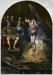 Brennkammer (Gericht) unter König Heinrich II. (1519-1559) in Anwesenheit von Caterina de Medici. Gravur von 1842 in „Histoire des popes“ von Maurice Lachatre. Private Sammlung.